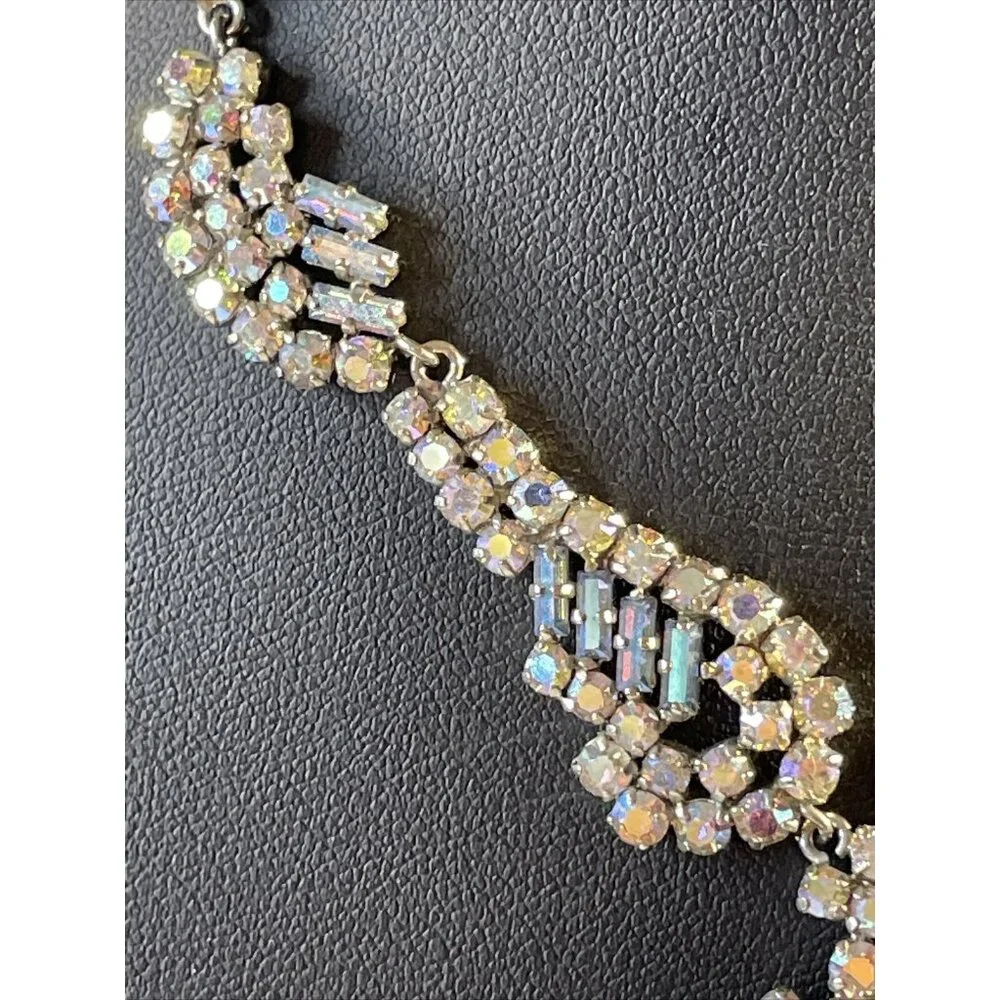 NOS! Vintage Blue Tint Aurora Borealis Rhinestone Necklace Unsigned Foil Back E5